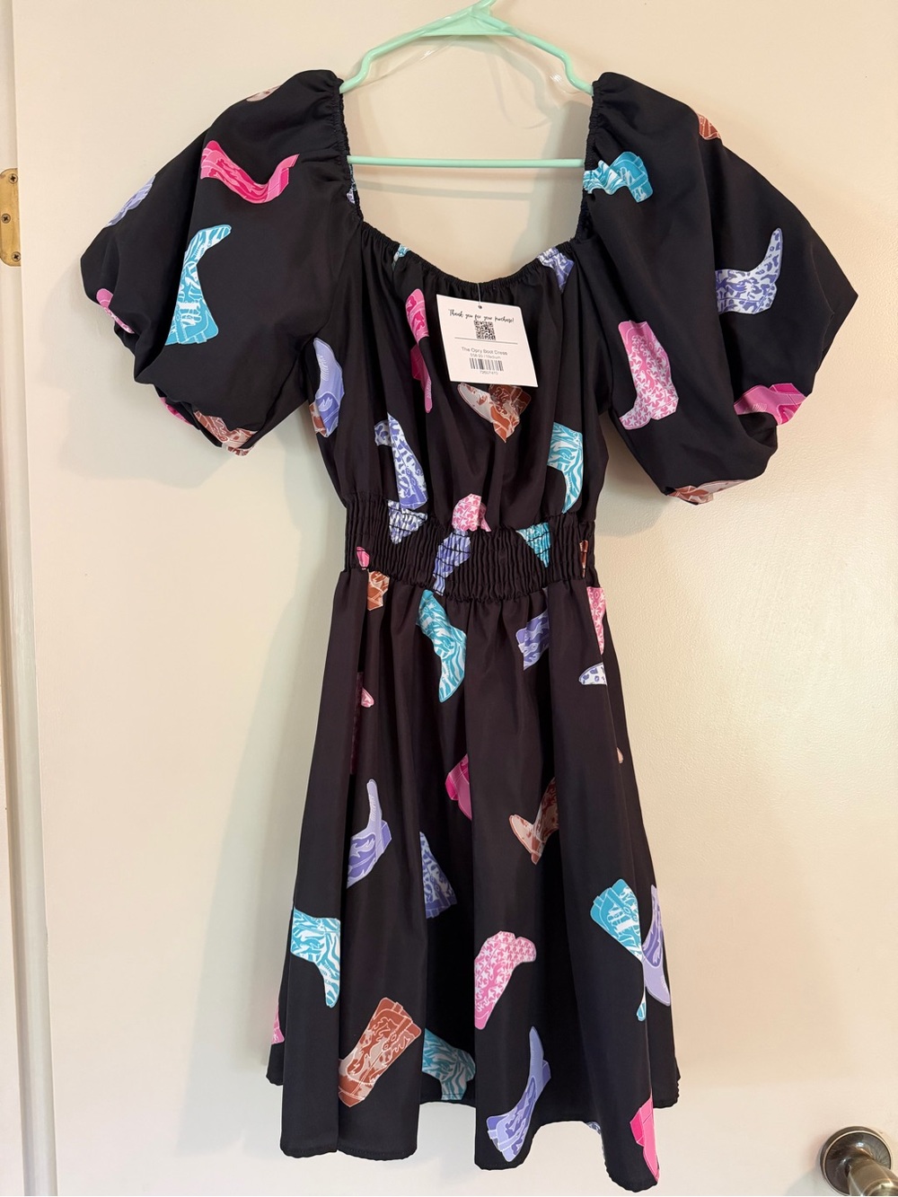 Black Puff Sleeve Dress with Colorful Boot Print